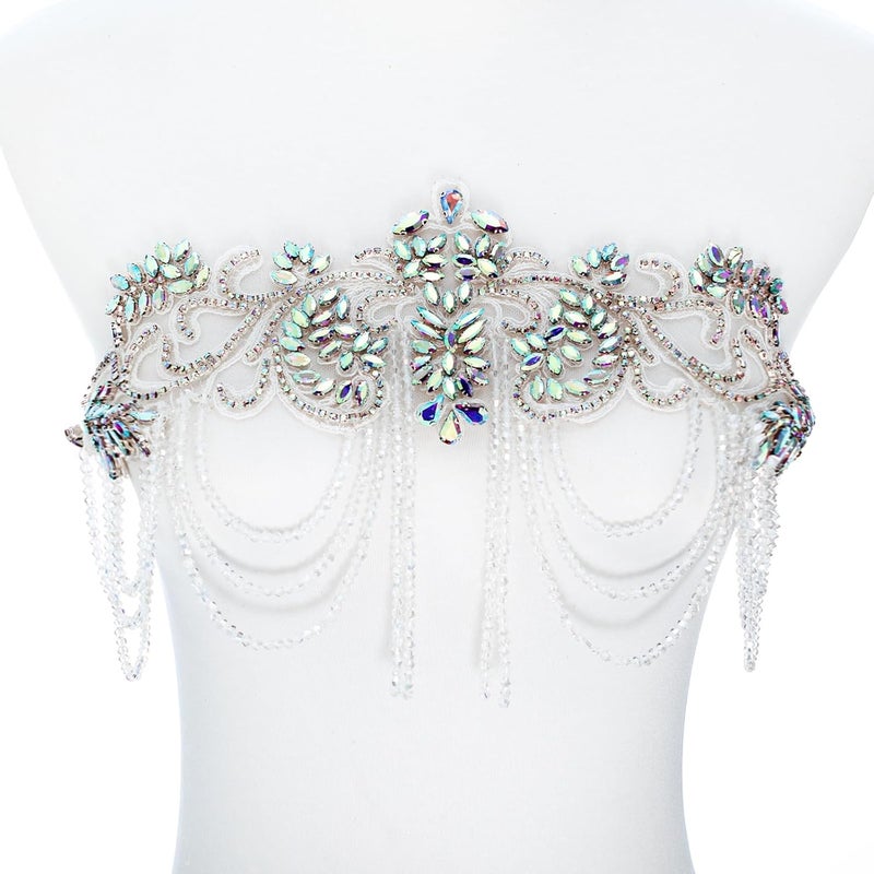 amusediy Clear AB Beaded Rhinestones Applique Embellishment for Clothes,Epaulettes Shoulder Patches Sew-on Diamond Sequin Applique for Wedding Dress DIY Accessories Belt Waist Decoration - Image 1